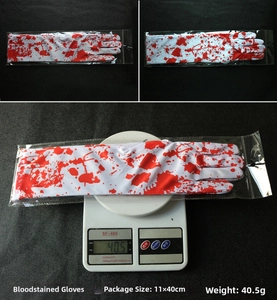 Detailed view of Halloween blood splatter long gloves with weight and size measurements