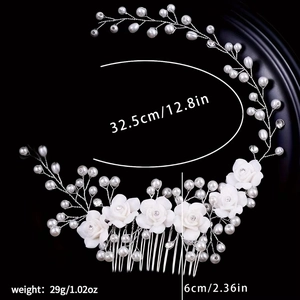 Detailed size view of bridal hair comb with ceramic roses, pearls, and crystals
