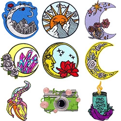 Detailed set of 9 celestial embroidery patches with moon and sun designs for denim clothes