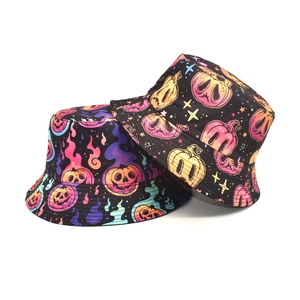 Halloween Pumpkin Print Polyester Bucket Hat For Women Men Sun Protection Foldable Digital Printed Shading Fisherman Basin Hat
