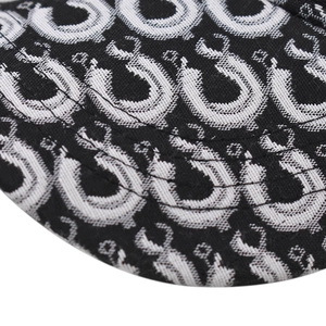 Macro detail of high-quality jacquard fabric with black and white circular patterns