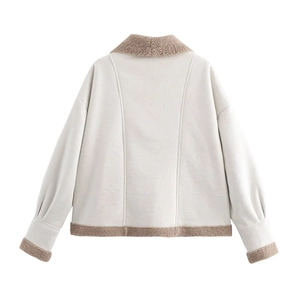 Detailed back view of a beige faux suede jacket with brown contrast stitching and trim