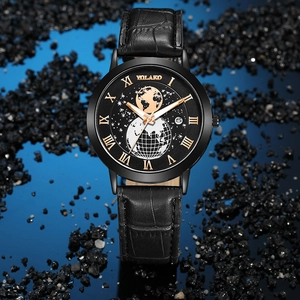 Yolako quartz watch for men featuring a gold earth map dial and black leather strap