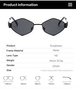Detailed size specifications for metal geometric sunglasses with dimension breakdown