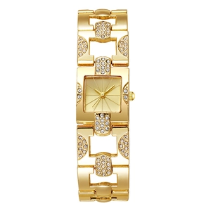 Elegant gold square watch for women featuring a sparkling crystal-encrusted bezel and band