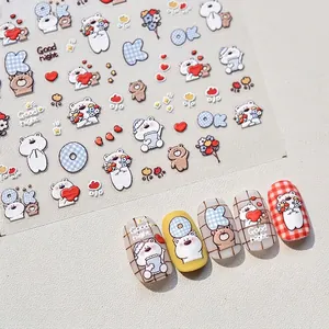5D embossed dog and bear nail art stickers with colorful cartoon patterns and letters
