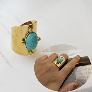 Vintage 18K gold plated wide band ring with oval turquoise stone and metal beads