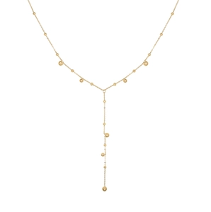 Minimalist Y-shaped long tassel necklace in 18K gold plated steel with metallic gold beads
