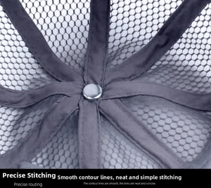 Macro shot of grey mesh cap interior showing precise stitching and reinforced seam tapes
