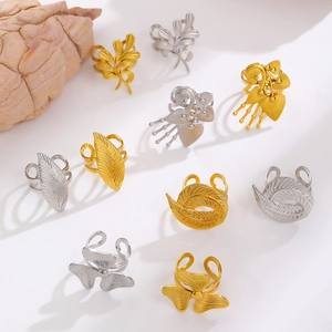 Minimalist stainless steel open floral and leaf rings in gold and silver finish