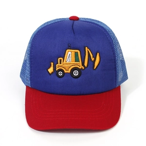Detailed view of kids mesh baseball cap with yellow excavator embroidery and red brim