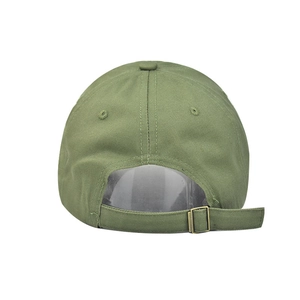 Detail of olive green washed cotton baseball cap featuring an adjustable vintage metal buckle