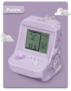 Mini purple retro handheld game console keychain with joystick and unicorn design