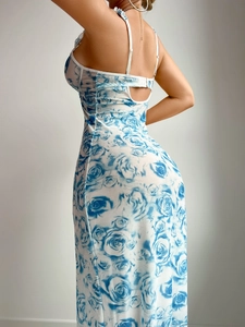 Close-up of elegant blue rose print and back hollow out design on the slip dress