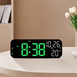 9-inch digital LED alarm clock with green display showing time, date, and temperature