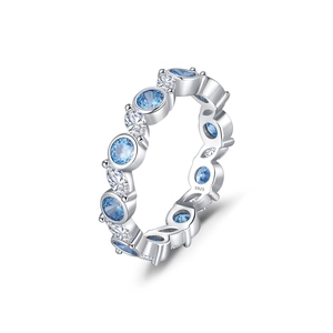 Elegant S925 sterling silver ring with round blue and marquise white crystals