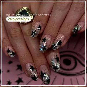 French gradient press-on nails with black stars and silver glitter, 24 pieces set