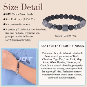 Detailed chart showing 8mm natural tiger eye and black stone bracelet specifications