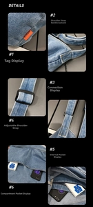 Detailed view of the large denim shoulder bag featuring adjustable straps and inner pockets