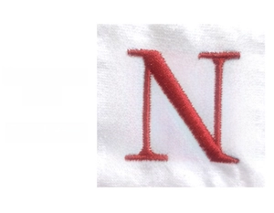 Close-up of red embroidered letter N on a white Christmas stocking fabric detail
