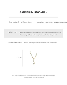 Detailed spec chart of pearl necklace showing 61.5cm length and alloy materials