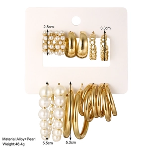 Set of 6 gold alloy hoop earrings with pearls in C-shape and various stylish textures