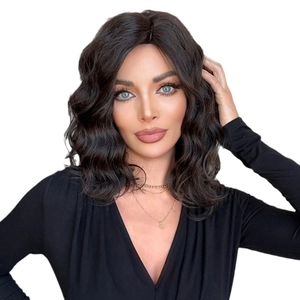 Elegant medium-length wavy black wig for women with side part and natural fiber texture