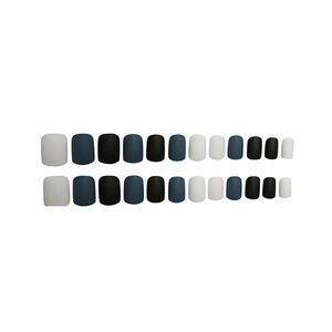 Matte short false nails in minimalist black, white and blue solid tones set