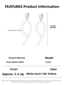 S925 sterling silver earring with baroque pearl hoop measuring 60.4mm in length