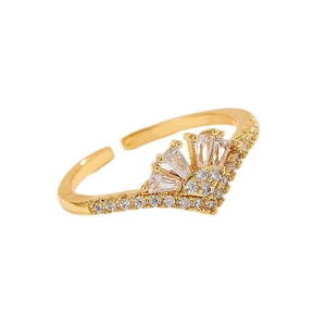 Elegant 18K gold plated crown open ring featuring V-shape design with zircon and diamonds