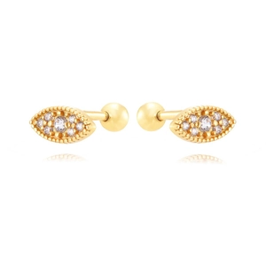 Detailed macro shot of gold marquise stud earrings with micro-pave white cubic zirconia