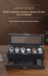 Detailansicht der zweistöckigen Uhrenbox aus Carbonfaser mit Glasdeckel und Schublade