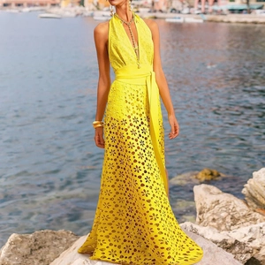 Women Sleeveless Swimsuit And Cover Up Maxi Skirt Yellow Hollow Out Floral Laser Cut Deep V Neck Backless Beach Resort Vacation