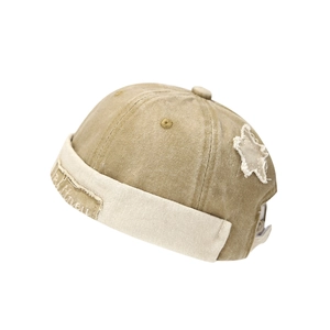 Khaki retro washed cotton miki hat for kids with frayed star patch and adjustable strap