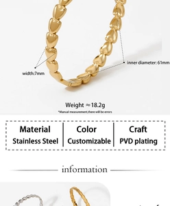 Detailed size specifications for a gold and silver heart-shaped stainless steel bangle