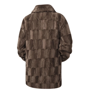 Men's dark brown long faux fur coat with wavy texture and stand collar, back view