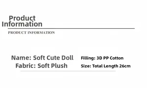 Detailed size specifications for 26cm plush toy filled with soft 3D PP cotton material