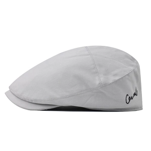 Detail view of light gray beret with side embroidery and retro six-panel stitching