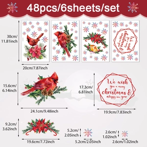 Detailed size layout of Christmas window clings with birds, flowers and snowflakes