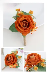 Détail d'une boutonnière de rose artificielle orange brûlé avec ruban en corde de jute