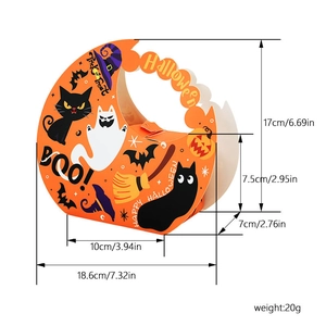 Halloween orange paper candy bag with black cat pumpkin design and detailed dimensions