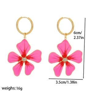 Pink enamel flower earrings dimensions showing 6cm height and 3.5cm width measurements