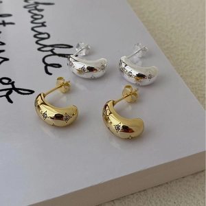 925 Sterling Silver Eight-Pointed Star Stud Earrings Shiny Rhinestone Inlaid C-Shaped Star Earrings Hepburn Style Jewelry For Women