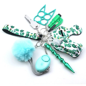 Multifunctional 10-piece cactus pattern security keychain set with alarm and pouch