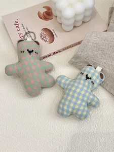 Cute checkered bear plush keychain charms with metal bead chains in blue and pink