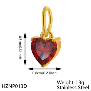 Golden heart-shaped stainless steel pendant with red faceted zircon and measurements