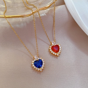 Titanium steel heart necklaces with blue and red crystals and gold-plated chain
