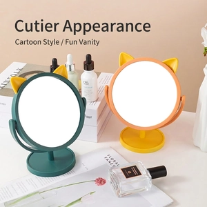 Kawaii Animal Ear Desktop Makeup Mirror Rotatable Round Vanity Mirror With Stable Base For Dorm Bedroom PP Plastic