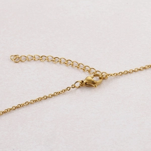 Detailed view of golden stainless steel heart necklace with lobster clasp and extension