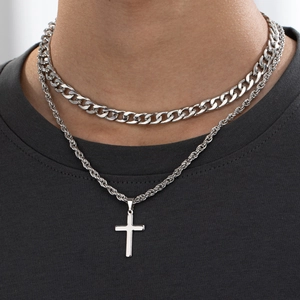 Double Layer Necklace With Cross Pendant Alloy Cuban Link And Rope Chain Hip Hop Punk Jewelry For Men